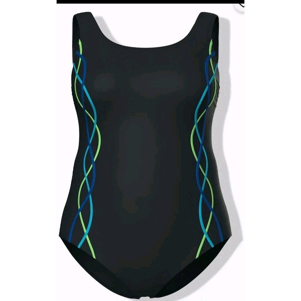 Ulla Popken Squiggle Swimsuit Black Size 32 Non Wired Lined UPF 20+ - Picture 4 of 11